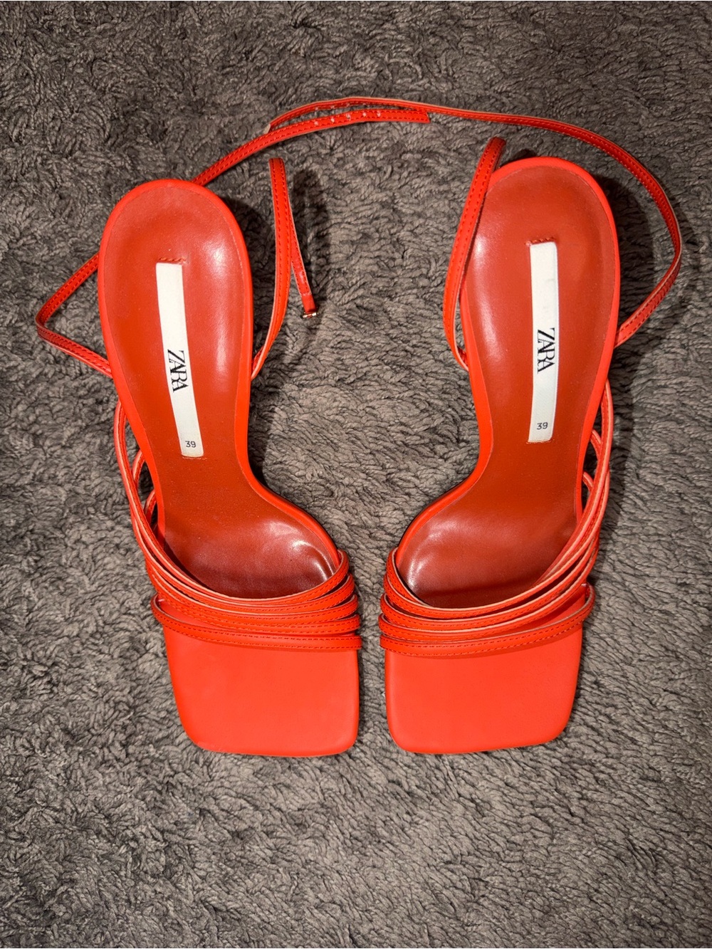 Zara Orange Multi-Strap Square-Toe Ankle-Tie Heels